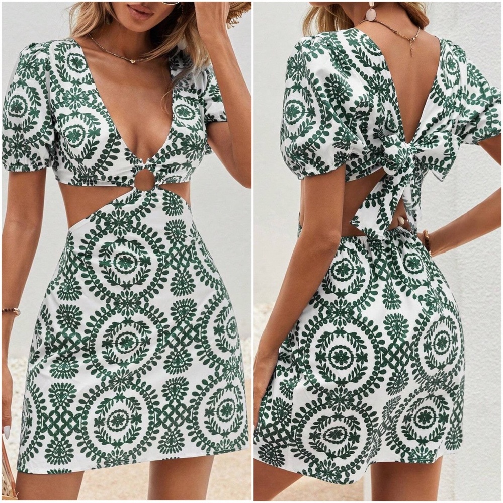 Boho Floral Print Back Tie Cut out Mini Dress - Picture 4 of 6